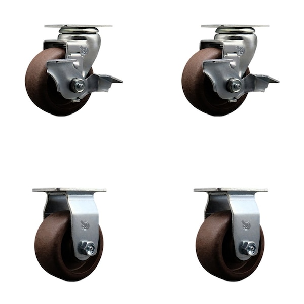 Service Caster 4'' High Temp Glass Filled Nylon Caster Set w/Roller Bearing 2 Brakes 2 Rigid, 4PK SCC-20S420-GFNRHT-TLB-2-R-2 - main